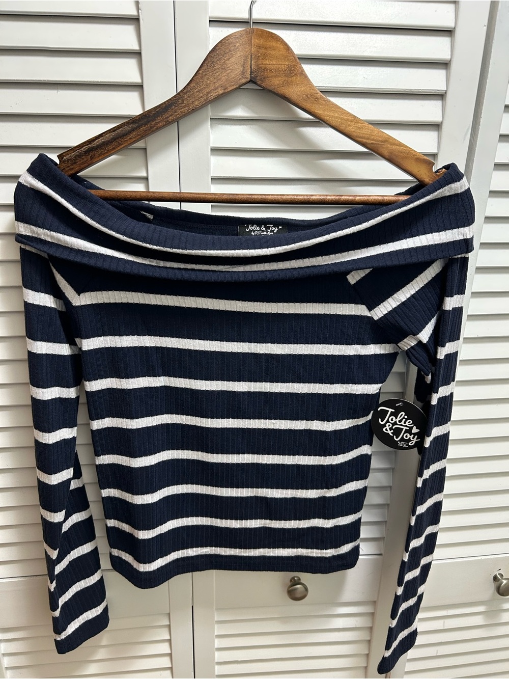 Jolie & Joy Navy and White Striped Off-the-Shoulder Sweater